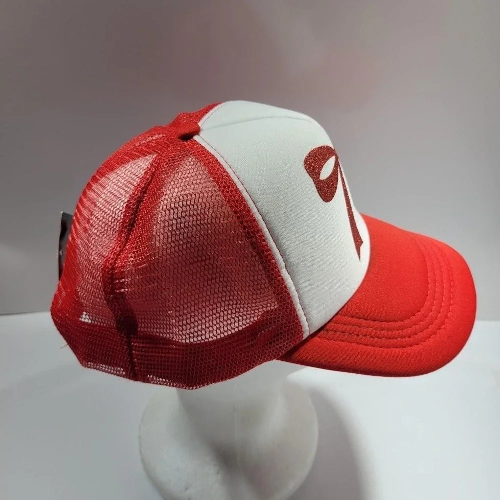 The Christmas Shoppe Hat Cap Trucker Snap Back One Size Red Bow Christmas